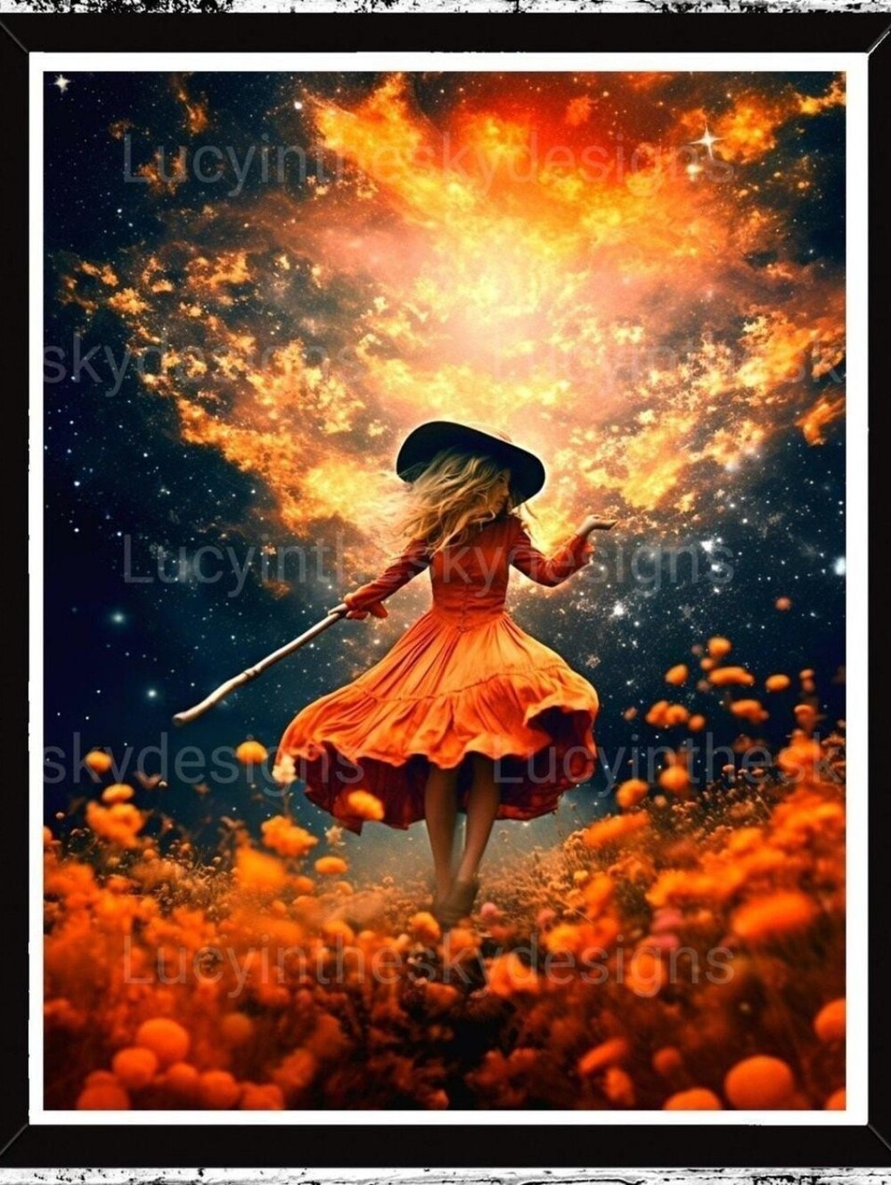 Magical Halloween Witch Universe Cosmo Dreamy Surreal Autumn Art Print Vivid
